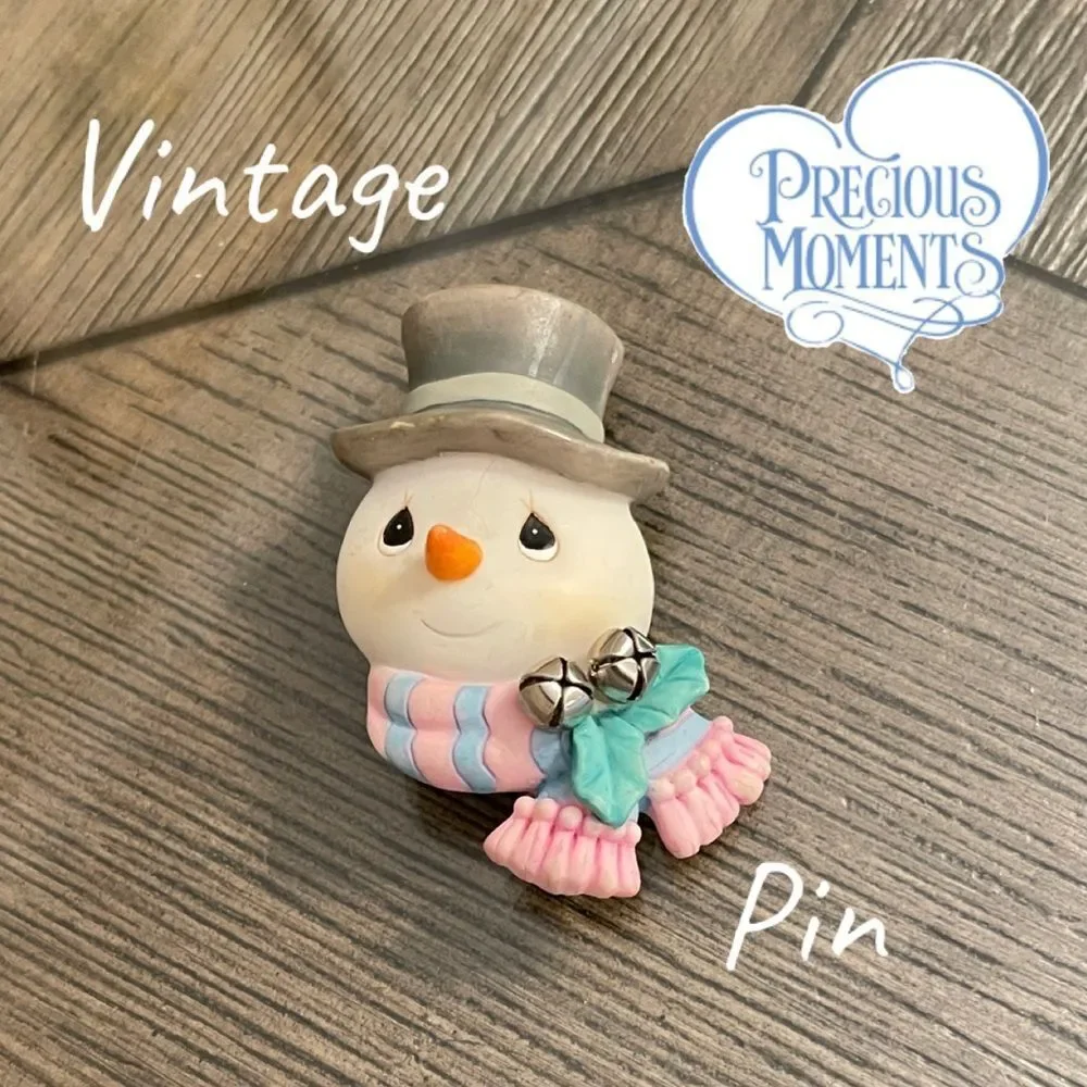 Vintage Precious Moments Snowman Figurine with Pink and Blue Scarf Holiday Pin